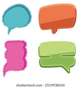 Bright colored speech bubbles with expressions. Abstract doodle speech bubbles with different phrases, text labels and empty thought clouds modern vector icons set. Bright dialogue clouds pack isolate