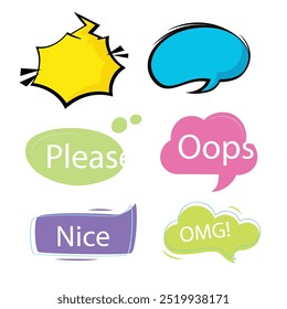 Bright colored speech bubbles with expressions. Abstract doodle speech bubbles with different phrases, text labels and empty thought clouds modern vector icons set. Bright dialogue clouds pack isolate