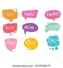 Bright colored speech bubbles with expressions. Abstract doodle speech bubbles with different phrases, text labels and empty thought clouds modern vector icons set. Bright dialogue clouds pack isolate