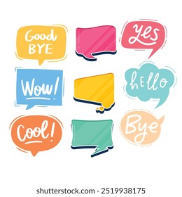 Bright colored speech bubbles with expressions. Abstract doodle speech bubbles with different phrases, text labels and empty thought clouds modern vector icons set. Bright dialogue clouds pack isolate