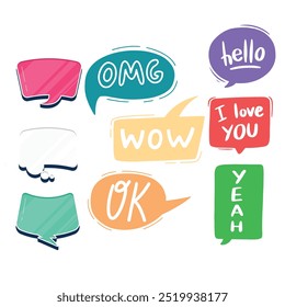 Bright colored speech bubbles with expressions. Abstract doodle speech bubbles with different phrases, text labels and empty thought clouds modern vector icons set. Bright dialogue clouds pack isolate