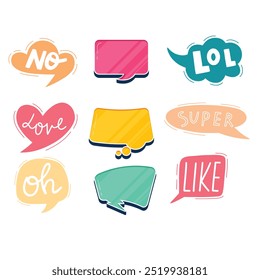 Bright colored speech bubbles with expressions. Abstract doodle speech bubbles with different phrases, text labels and empty thought clouds modern vector icons set. Bright dialogue clouds pack isolate