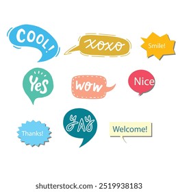 Bright colored speech bubbles with expressions. Abstract doodle speech bubbles with different phrases, text labels and empty thought clouds modern vector icons set. Bright dialogue clouds pack isolate