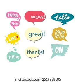 Bright colored speech bubbles with expressions. Abstract doodle speech bubbles with different phrases, text labels and empty thought clouds modern vector icons set. Bright dialogue clouds pack isolate