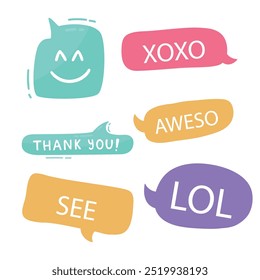 Bright colored speech bubbles with expressions. Abstract doodle speech bubbles with different phrases, text labels and empty thought clouds modern vector icons set. Bright dialogue clouds pack isolate