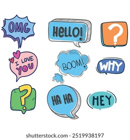 Bright colored speech bubbles with expressions. Abstract doodle speech bubbles with different phrases, text labels and empty thought clouds modern vector icons set. Bright dialogue clouds pack isolate