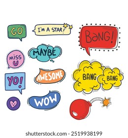 Bright colored speech bubbles with expressions. Abstract doodle speech bubbles with different phrases, text labels and empty thought clouds modern vector icons set. Bright dialogue clouds pack isolate