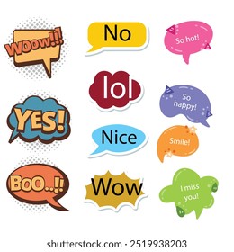 Bright colored speech bubbles with expressions. Abstract doodle speech bubbles with different phrases, text labels and empty thought clouds modern vector icons set. Bright dialogue clouds pack isolate