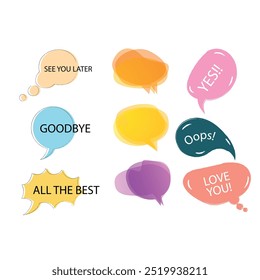 Bright colored speech bubbles with expressions. Abstract doodle speech bubbles with different phrases, text labels and empty thought clouds modern vector icons set. Bright dialogue clouds pack isolate