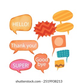 Bright colored speech bubbles with expressions. Abstract doodle speech bubbles with different phrases, text labels and empty thought clouds modern vector icons set. Bright dialogue clouds pack isolate