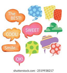 Bright colored speech bubbles with expressions. Abstract doodle speech bubbles with different phrases, text labels and empty thought clouds modern vector icons set. Bright dialogue clouds pack isolate