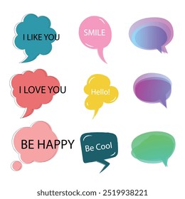 Bright colored speech bubbles with expressions. Abstract doodle speech bubbles with different phrases, text labels and empty thought clouds modern vector icons set. Bright dialogue clouds pack isolate