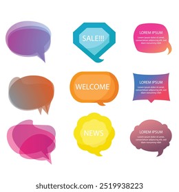 Bright colored speech bubbles with expressions. Abstract doodle speech bubbles with different phrases, text labels and empty thought clouds modern vector icons set. Bright dialogue clouds pack isolate