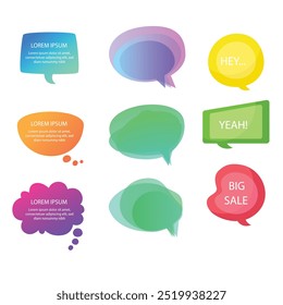 Bright colored speech bubbles with expressions. Abstract doodle speech bubbles with different phrases, text labels and empty thought clouds modern vector icons set. Bright dialogue clouds pack isolate