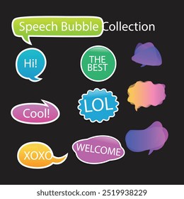 Bright colored speech bubbles with expressions. Abstract doodle speech bubbles with different phrases, text labels and empty thought clouds modern vector icons set. Bright dialogue clouds pack isolate