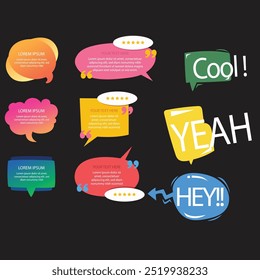 Bright colored speech bubbles with expressions. Abstract doodle speech bubbles with different phrases, text labels and empty thought clouds modern vector icons set. Bright dialogue clouds pack isolate