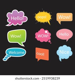 Bright colored speech bubbles with expressions. Abstract doodle speech bubbles with different phrases, text labels and empty thought clouds modern vector icons set. Bright dialogue clouds pack isolate