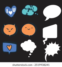 Bright colored speech bubbles with expressions. Abstract doodle speech bubbles with different phrases, text labels and empty thought clouds modern vector icons set. Bright dialogue clouds pack isolate