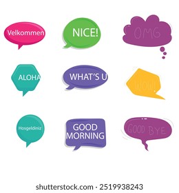 Bright colored speech bubbles with expressions. Abstract doodle speech bubbles with different phrases, text labels and empty thought clouds modern vector icons set. Bright dialogue clouds pack isolate