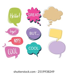 Bright colored speech bubbles with expressions. Abstract doodle speech bubbles with different phrases, text labels and empty thought clouds modern vector icons set. Bright dialogue clouds pack isolate