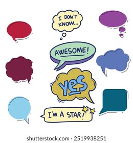 Bright colored speech bubbles with expressions. Abstract doodle speech bubbles with different phrases, text labels and empty thought clouds modern vector icons set. Bright dialogue clouds pack isolate