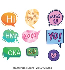 Bright colored speech bubbles with expressions. Abstract doodle speech bubbles with different phrases, text labels and empty thought clouds modern vector icons set. Bright dialogue clouds pack isolate