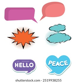 Bright colored speech bubbles with expressions. Abstract doodle speech bubbles with different phrases, text labels and empty thought clouds modern vector icons set. Bright dialogue clouds pack isolate