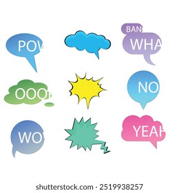 Bright colored speech bubbles with expressions. Abstract doodle speech bubbles with different phrases, text labels and empty thought clouds modern vector icons set. Bright dialogue clouds pack isolate