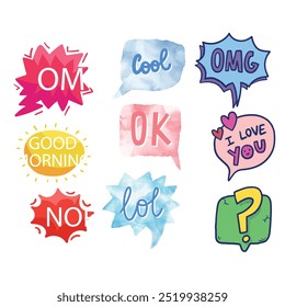 Bright colored speech bubbles with expressions. Abstract doodle speech bubbles with different phrases, text labels and empty thought clouds modern vector icons set. Bright dialogue clouds pack isolate