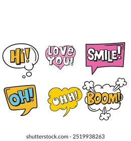 Bright colored speech bubbles with expressions. Abstract doodle speech bubbles with different phrases, text labels and empty thought clouds modern vector icons set. Bright dialogue clouds pack isolate