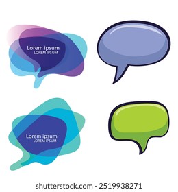 Bright colored speech bubbles with expressions. Abstract doodle speech bubbles with different phrases, text labels and empty thought clouds modern vector icons set. Bright dialogue clouds pack isolate