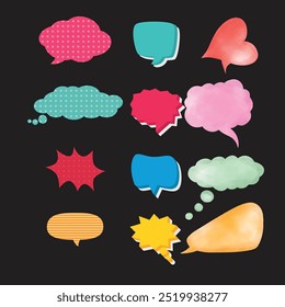 Bright colored speech bubbles with expressions. Abstract doodle speech bubbles with different phrases, text labels and empty thought clouds modern vector icons set. Bright dialogue clouds pack isolate