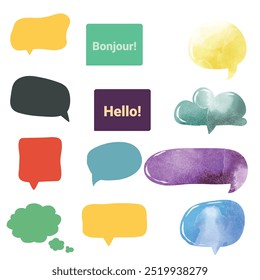 Bright colored speech bubbles with expressions. Abstract doodle speech bubbles with different phrases, text labels and empty thought clouds modern vector icons set. Bright dialogue clouds pack isolate