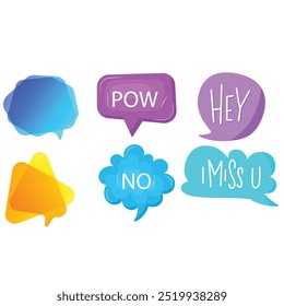 Bright colored speech bubbles with expressions. Abstract doodle speech bubbles with different phrases, text labels and empty thought clouds modern vector icons set. Bright dialogue clouds pack isolate