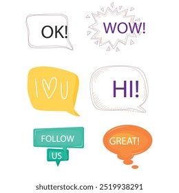 Bright colored speech bubbles with expressions. Abstract doodle speech bubbles with different phrases, text labels and empty thought clouds modern vector icons set. Bright dialogue clouds pack isolate