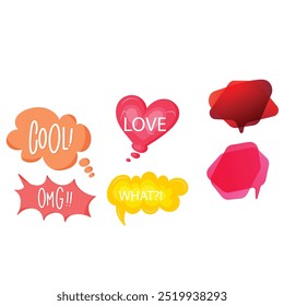 Bright colored speech bubbles with expressions. Abstract doodle speech bubbles with different phrases, text labels and empty thought clouds modern vector icons set. Bright dialogue clouds pack isolate