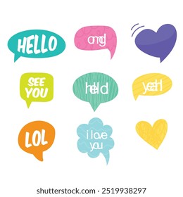 Bright colored speech bubbles with expressions. Abstract doodle speech bubbles with different phrases, text labels and empty thought clouds modern vector icons set. Bright dialogue clouds pack isolate