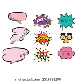 Bright colored speech bubbles with expressions. Abstract doodle speech bubbles with different phrases, text labels and empty thought clouds modern vector icons set. Bright dialogue clouds pack isolate