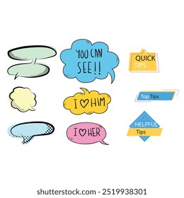 Bright colored speech bubbles with expressions. Abstract doodle speech bubbles with different phrases, text labels and empty thought clouds modern vector icons set. Bright dialogue clouds pack isolate