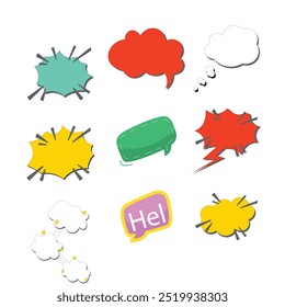 Bright colored speech bubbles with expressions. Abstract doodle speech bubbles with different phrases, text labels and empty thought clouds modern vector icons set. Bright dialogue clouds pack isolate