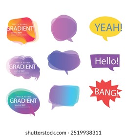 Bright colored speech bubbles with expressions. Abstract doodle speech bubbles with different phrases, text labels and empty thought clouds modern vector icons set. Bright dialogue clouds pack isolate