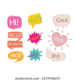 Bright colored speech bubbles with expressions. Abstract doodle speech bubbles with different phrases, text labels and empty thought clouds modern vector icons set. Bright dialogue clouds pack isolate