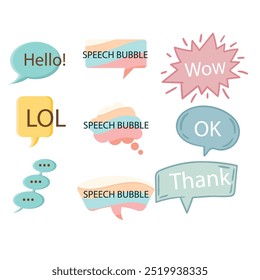 Bright colored speech bubbles with expressions. Abstract doodle speech bubbles with different phrases, text labels and empty thought clouds modern vector icons set. Bright dialogue clouds pack isolate