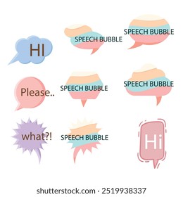 Bright colored speech bubbles with expressions. Abstract doodle speech bubbles with different phrases, text labels and empty thought clouds modern vector icons set. Bright dialogue clouds pack isolate