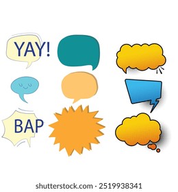 Bright colored speech bubbles with expressions. Abstract doodle speech bubbles with different phrases, text labels and empty thought clouds modern vector icons set. Bright dialogue clouds pack isolate