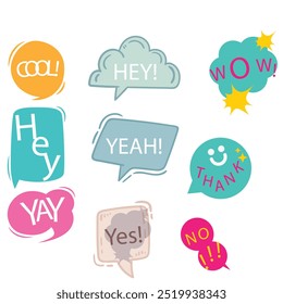 Bright colored speech bubbles with expressions. Abstract doodle speech bubbles with different phrases, text labels and empty thought clouds modern vector icons set. Bright dialogue clouds pack isolate