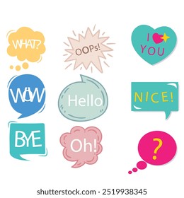 Bright colored speech bubbles with expressions. Abstract doodle speech bubbles with different phrases, text labels and empty thought clouds modern vector icons set. Bright dialogue clouds pack isolate