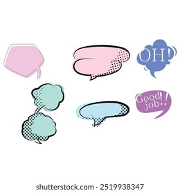 Bright colored speech bubbles with expressions. Abstract doodle speech bubbles with different phrases, text labels and empty thought clouds modern vector icons set. Bright dialogue clouds pack isolate