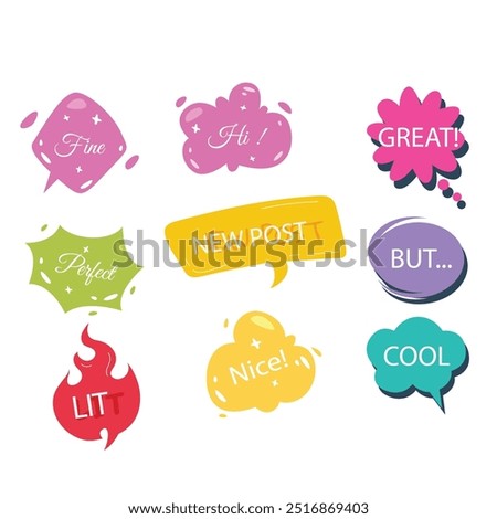 Bright colored speech bubbles with expressions. Abstract doodle speech bubbles with different phrases, text labels and empty thought clouds modern vector icons set. Bright dialogue clouds pack isolate
