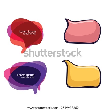 Bright colored speech bubbles with expressions. Abstract doodle speech bubbles with different phrases, text labels and empty thought clouds modern vector icons set. Bright dialogue clouds pack isolate